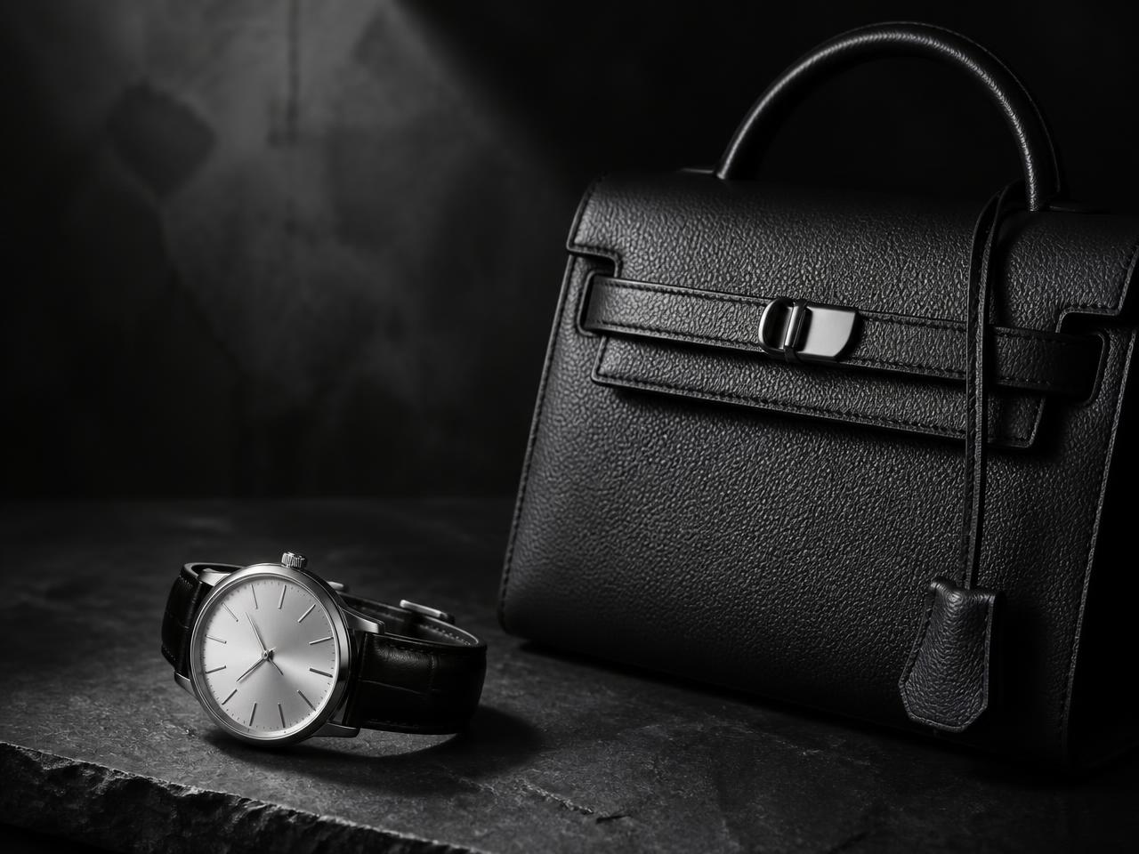 Luxury watch and leather handbag in low light — Chrono PRVT luxury sourcing, Dubai