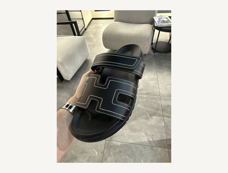 HERMÈS Hermes Chypre Sandal — Black - White Stitch, 43